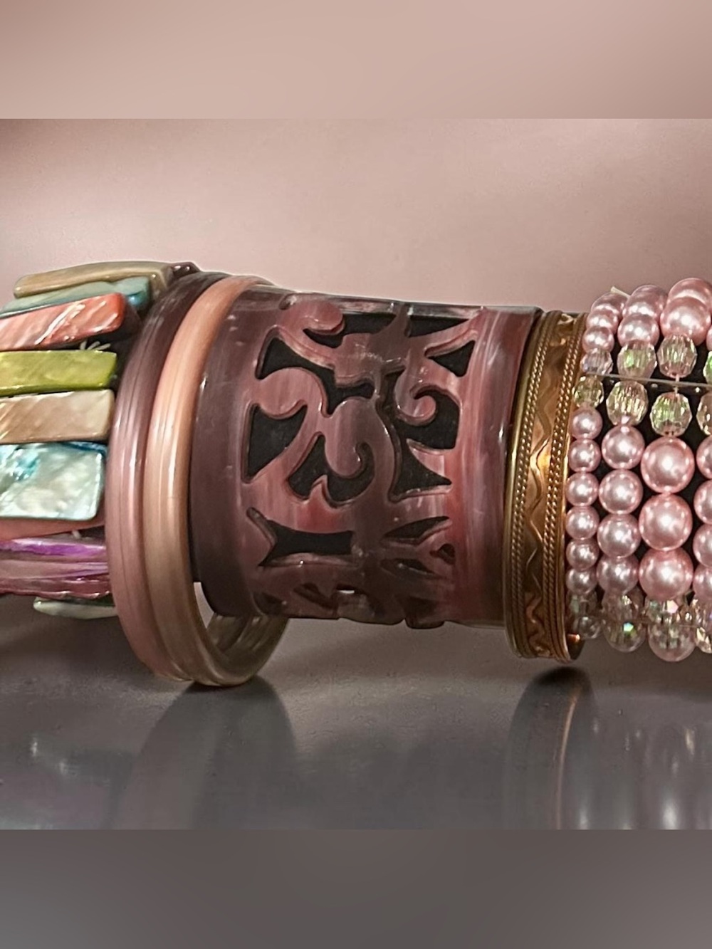 Vintage Boho Eclectic Bracelet Stack Mother of Pearl Resin Cuff Faux - Picture 2 of 5